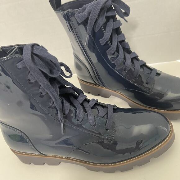 Vionic Lani Women's Patent Lace Up And Zip Boots Size 6 Navy Blue - Picture 2 of 12